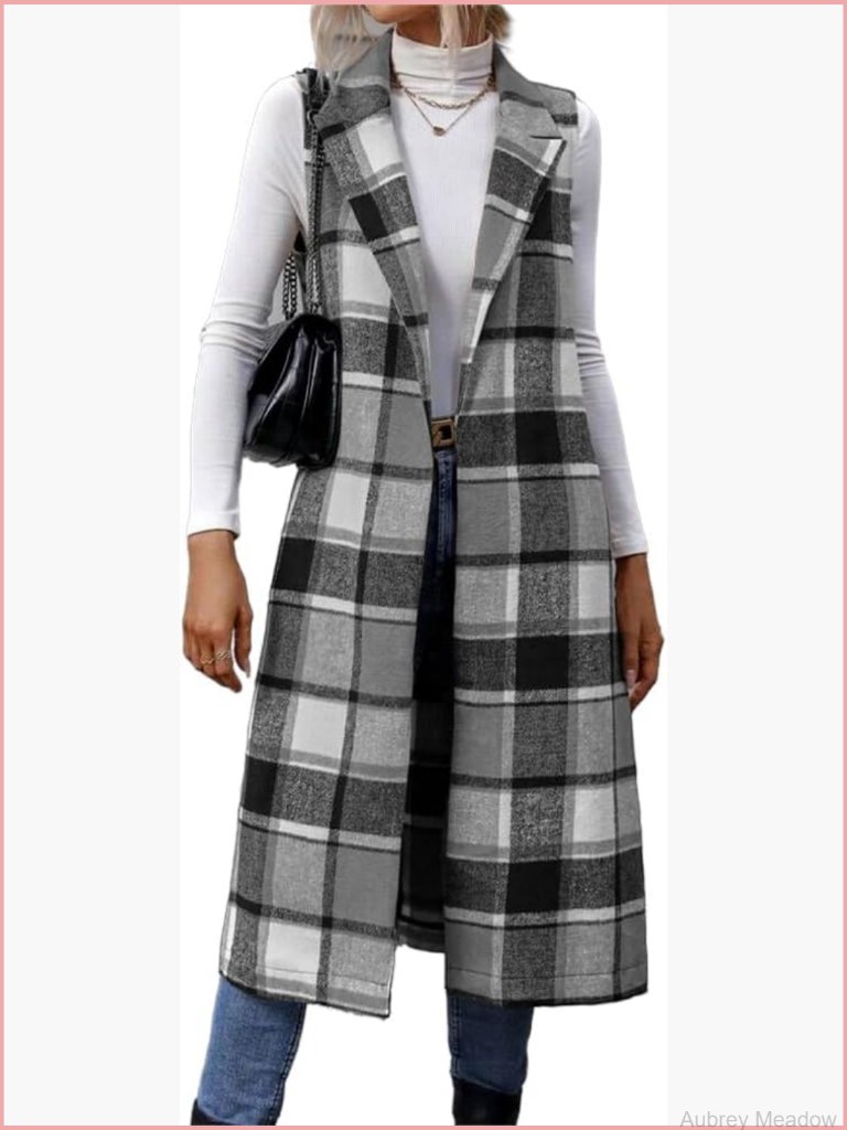 Long Plaid Vest Sleeveless Blazer Jacket Open Front Cardigan